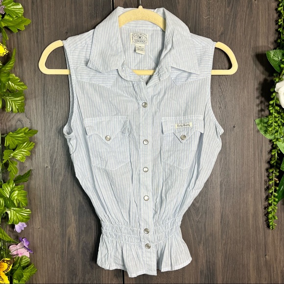 \|🌼3/$30🌼Vintage Lucky Brand Dungaree Sleeveless Stripped Blouse Size Medium - Picture 5 of 16